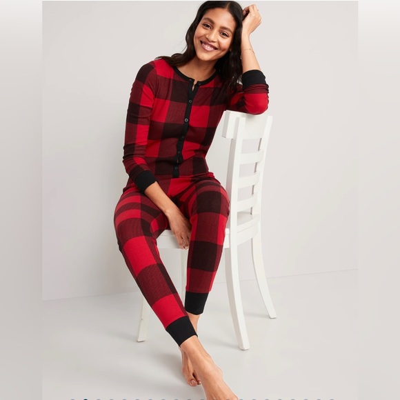 Old Navy Buffalo Plaid Printed Thermal-Knit One-Piece Pajamas, Women’s Size S. - Picture 2 of 6